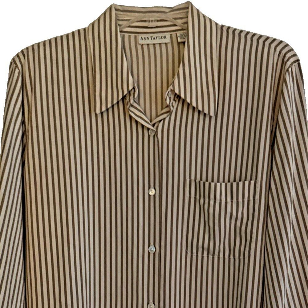 VTG Ann Taylor 100% Silk Shirt Womens 14 Olive Cream Striped Oversized Button Up